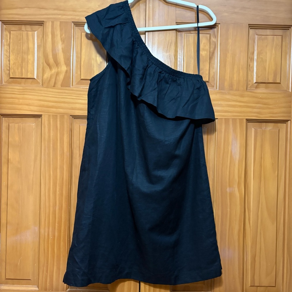 J. Crew Linen Blend Black One-Shoulder Ruffle Dress Size Large NWT